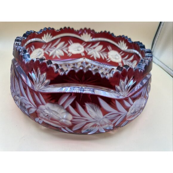 Bohemian Cranberry Ruby Heavy Cut Crystal roses and flowers Decorative Bowl Vtg